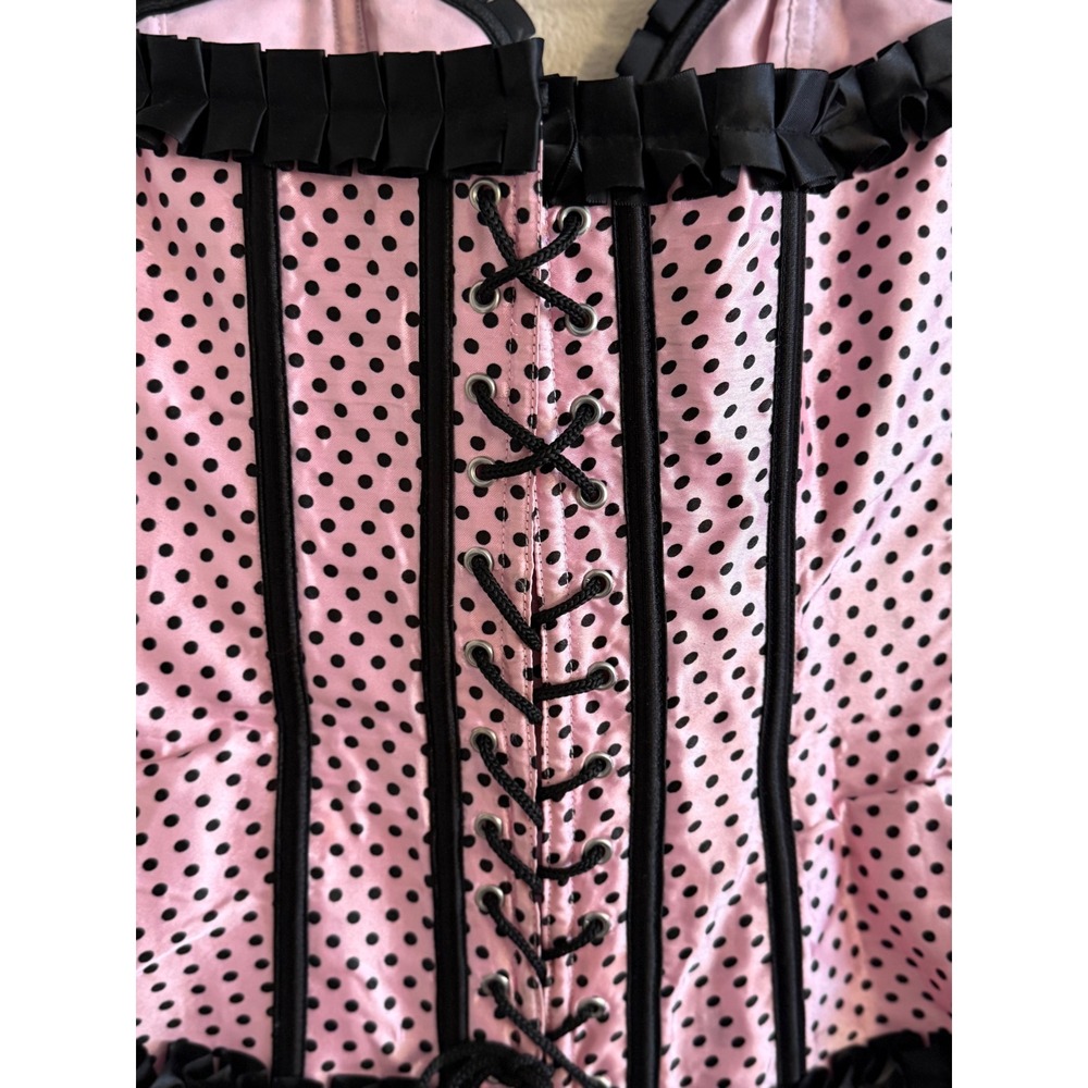 Lovesick Pink Black Polka Dot Ruffle Corset Top Satin Bow Lace Up Back Small - Picture 7 of 8